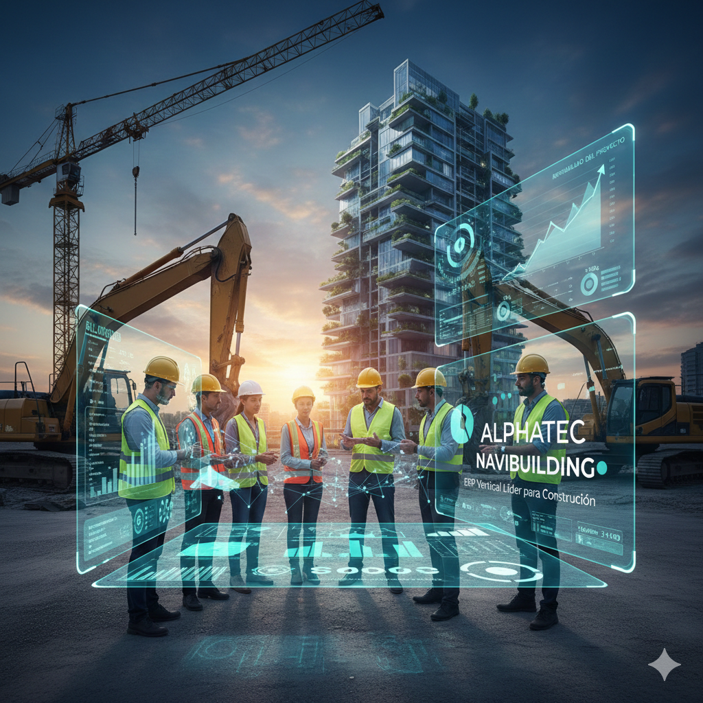 Equipo de construcción utilizando Alphatec Navibuilding, el software ERP vertical para gestión de proyectos y control de costes de obra.