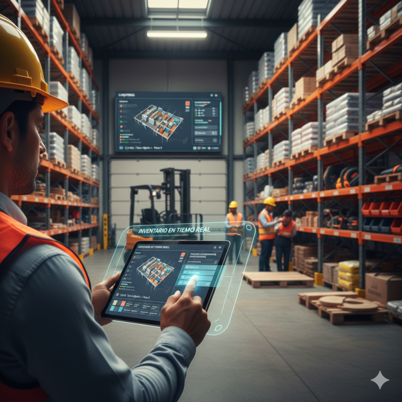 Encargado de almacén de construcción revisando en una tablet un sistema de gestión de inventario en tiempo real, con estanterías de materiales y carretillas elevadoras al fondo.