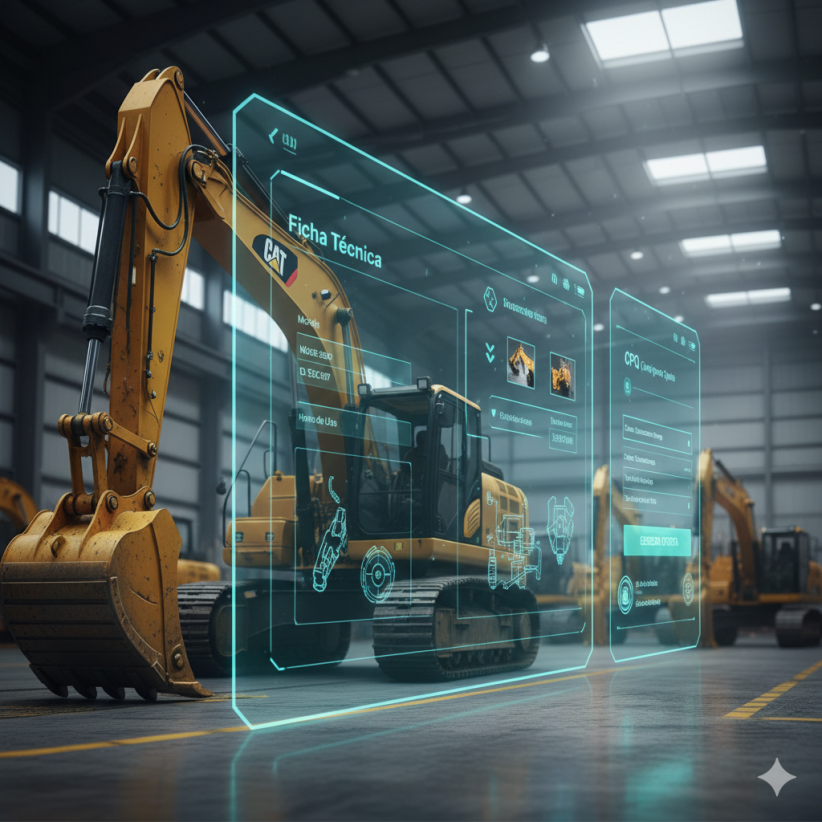 Panel de control digital superpuesto a una excavadora industrial amarilla, mostrando datos de gestión de flotas, ficha técnica detallada y un generador de ofertas CPQ. Representación visual del control total de la maquinaria.