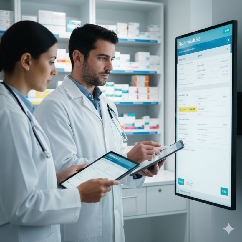 Farmacéuticos validando recetas médicas electrónicas en el sistema PhaRmaLab 365, revisando la medicación y coordinando con equipos médicos para evitar errores en la dispensación.