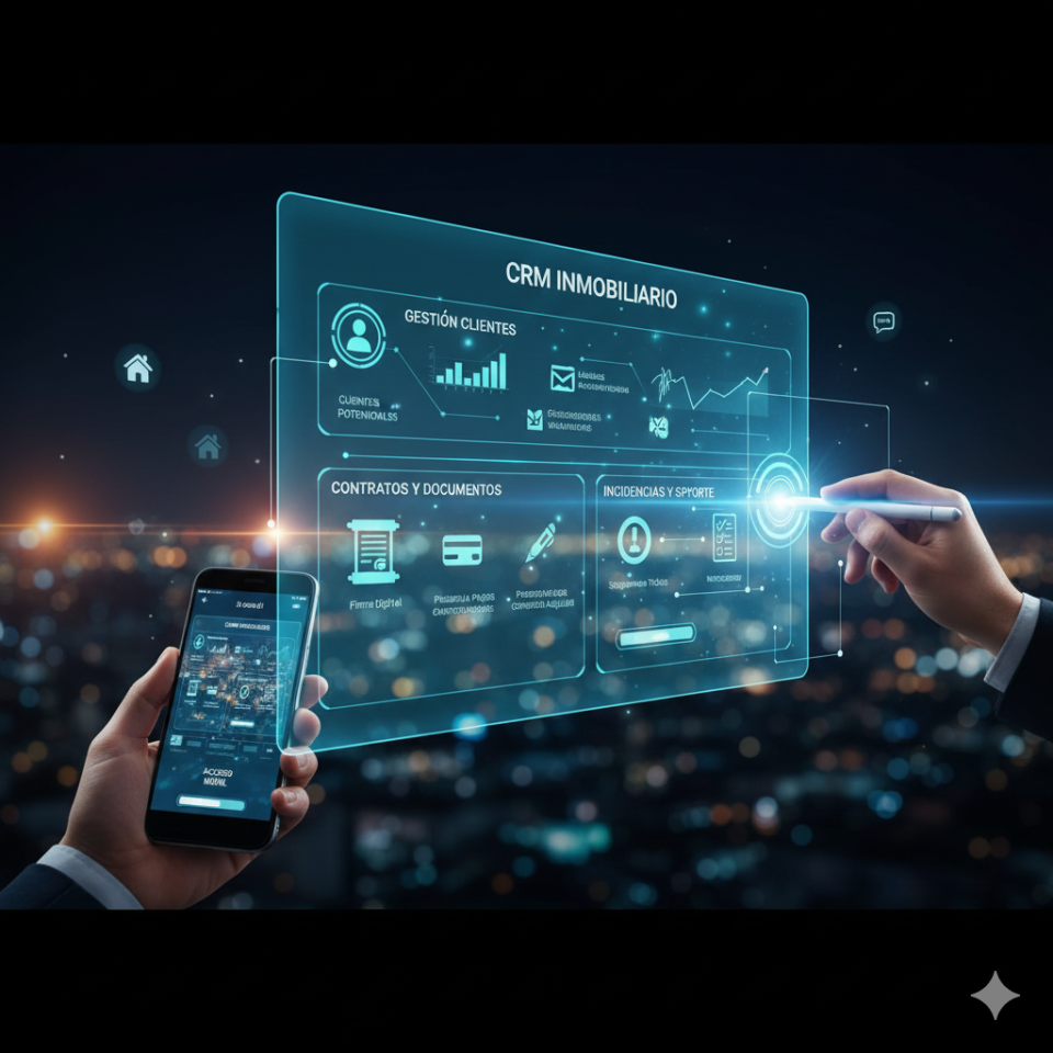 Interfaz digital de CRM inmobiliario de Real Estate 365 mostrando gestión de clientes, contratos, firma digital y acceso móvil, con un fondo de ciudad.