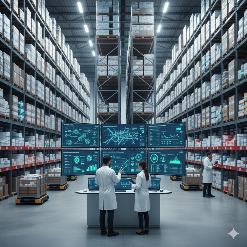 Profesionales farmacéuticos supervisando la gestión logística y control de inventario multi-almacén con paneles de datos en tiempo real, asegurando un flujo eficiente de suministros.