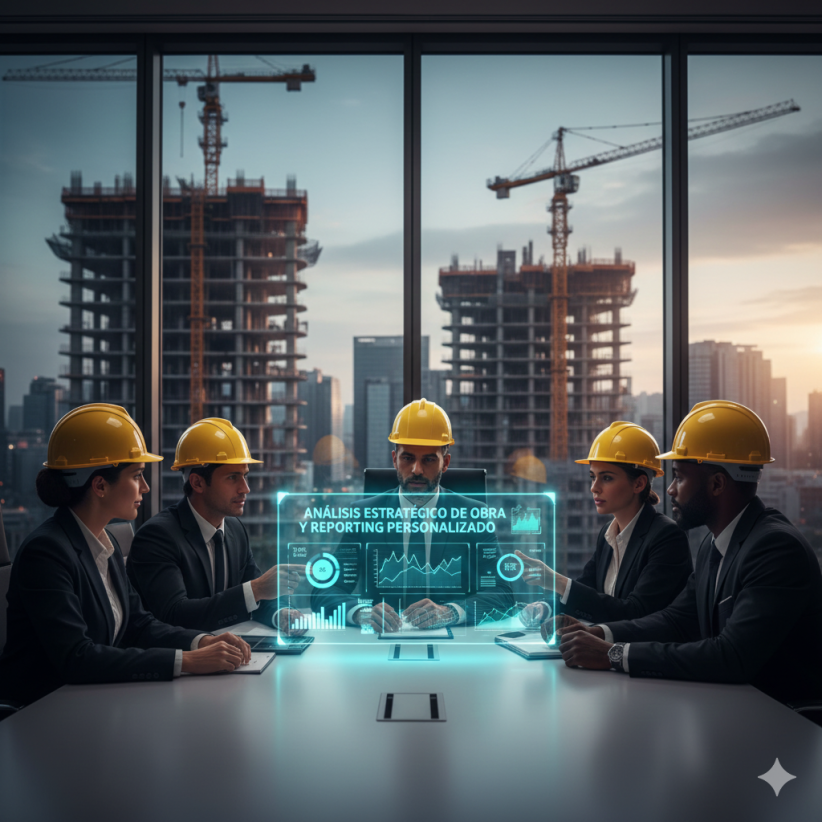 Ejecutivos de la construcción tomando decisiones en una reunión, con un gran dashboard digital mostrando informes de gestión de obra y análisis segmentado de rentabilidad.