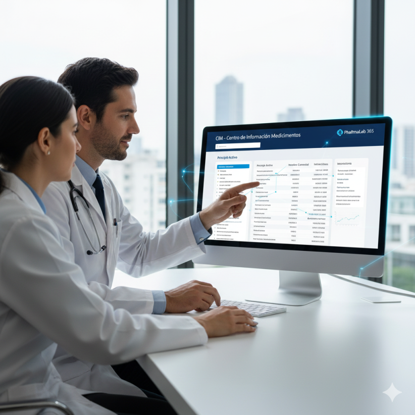 Médicos y farmacéuticos consultando el Centro de Información de Medicamentos (CIM) de PhaRmaLab 365 en un monitor, accediendo a datos detallados para optimizar el uso y la administración de fármacos.