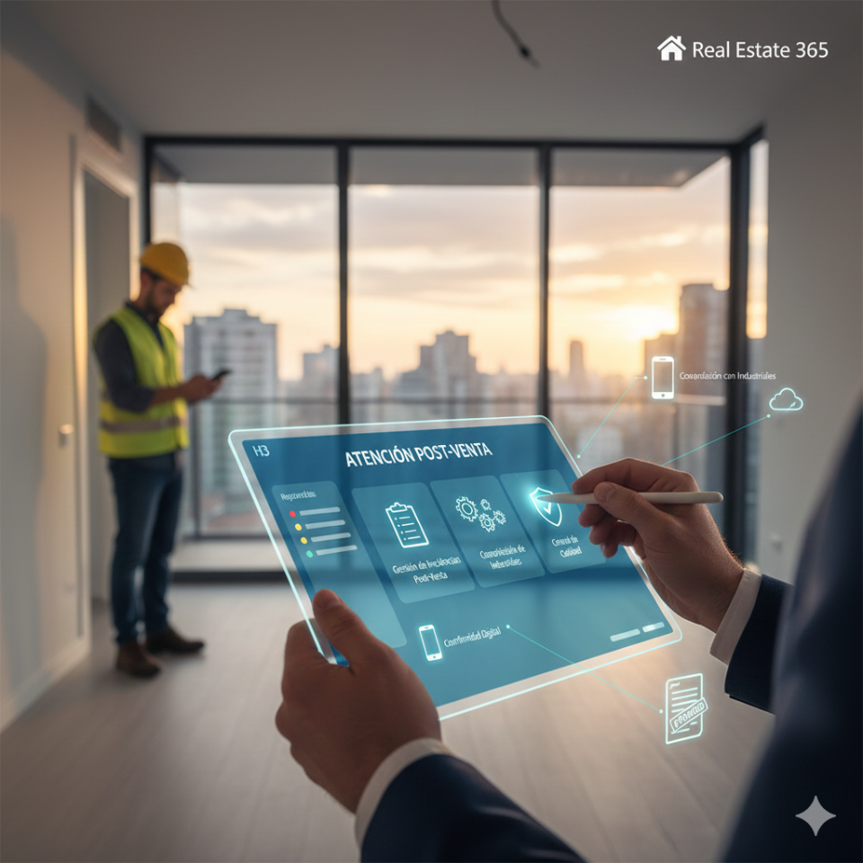 Persona utilizando una tablet interactiva para la gestión de atención post-venta de Real Estate 365, mostrando incidencias, coordinación de industriales y control de calidad en una vivienda nueva.