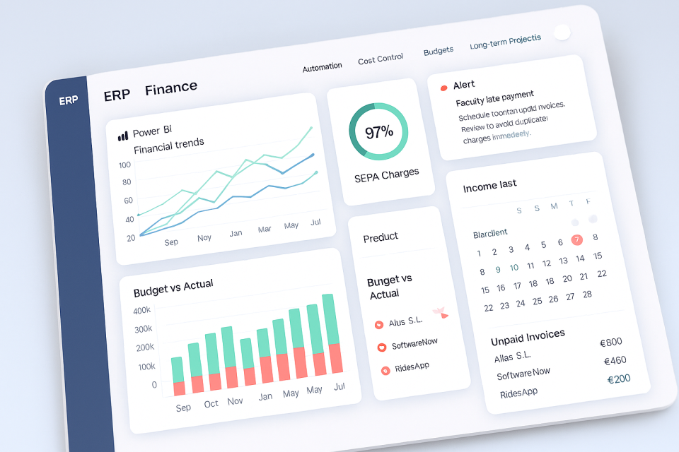 Dashboard de Alphatec Faculty para control financiero y facturación automatizada, mostrando gráficos de Power BI y gestión de remesas SEPA.