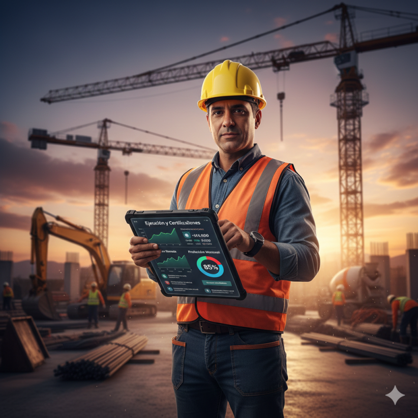 Ingeniero de obra en el sitio de construcción revisando en una tablet un dashboard de ejecución, producción y certificaciones con datos de costes reales.