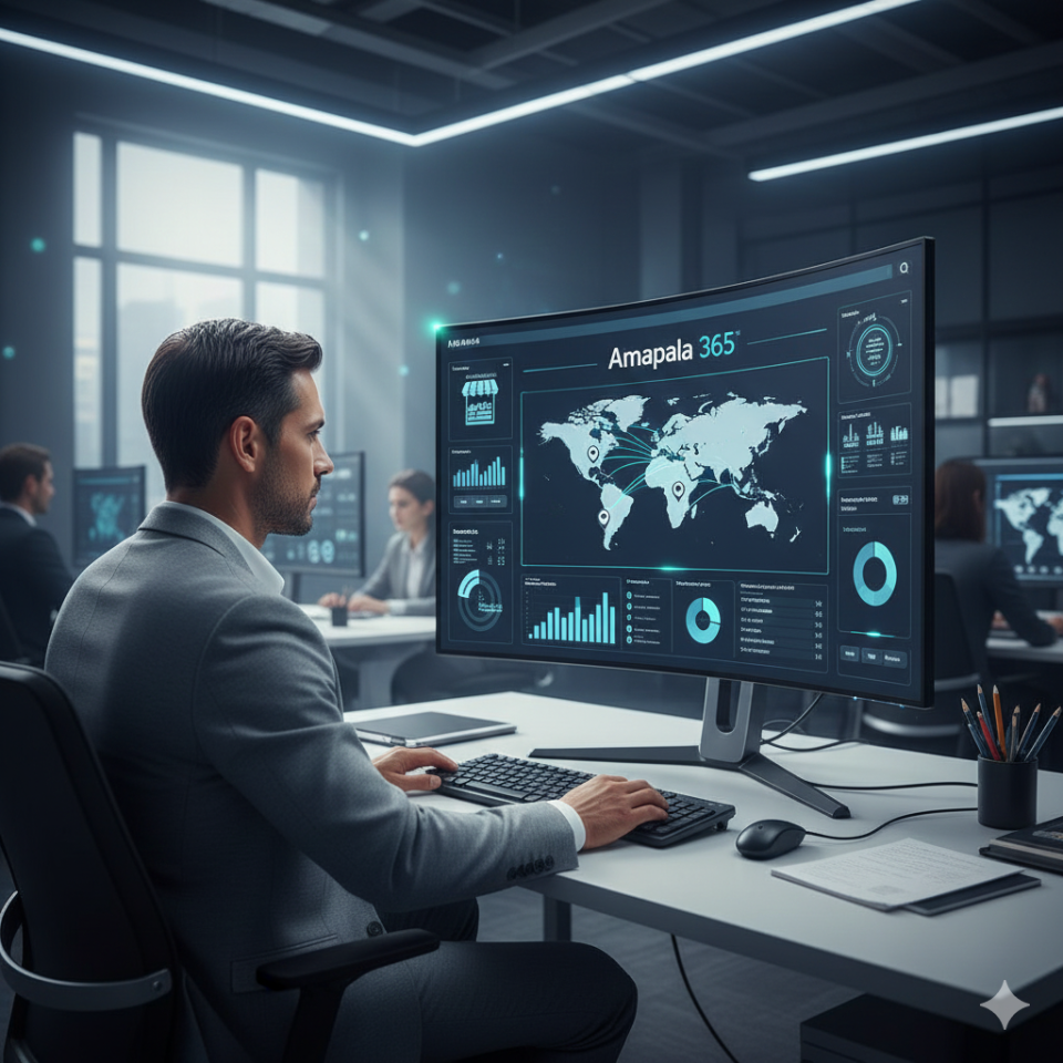 Gerente de negocio de alimentos consultando software Amapala 365 en monitor de oficina, visualizando mapa global y datos de ventas para gestión centralizada de franquicias