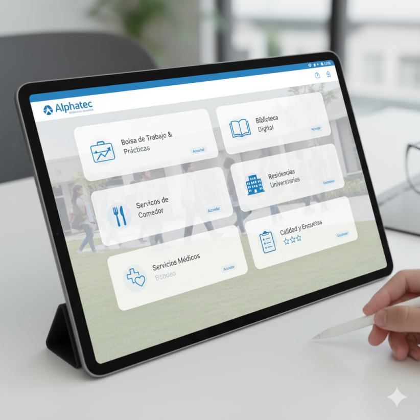 Interfaz de Alphatec Faculty para la gestión de servicios universitarios: Bolsa de trabajo, biblioteca, comedor, residencias y encuestas de calidad.