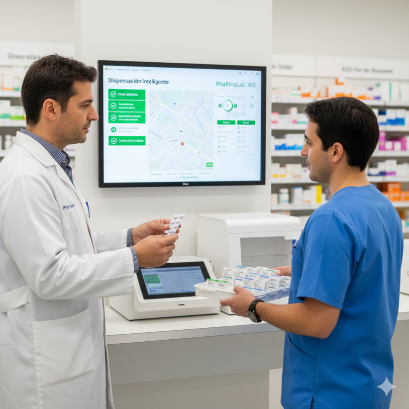 Farmacéuticos gestionando la dispensación inteligente de medicamentos por dosis unitarias en el sistema PhaRmaLab 365, asegurando el control y la precisión en un entorno farmacéutico moderno.