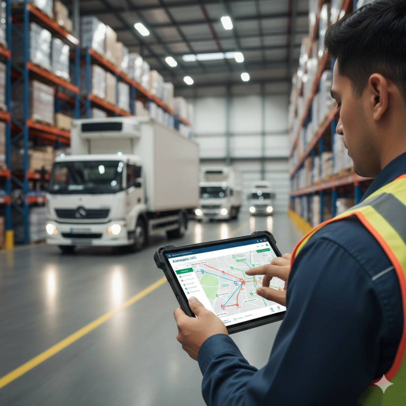 Operario de logística usando tableta con software Amapala 365 para optimización de rutas de reparto, con camiones de distribución y almacén moderno de fondo