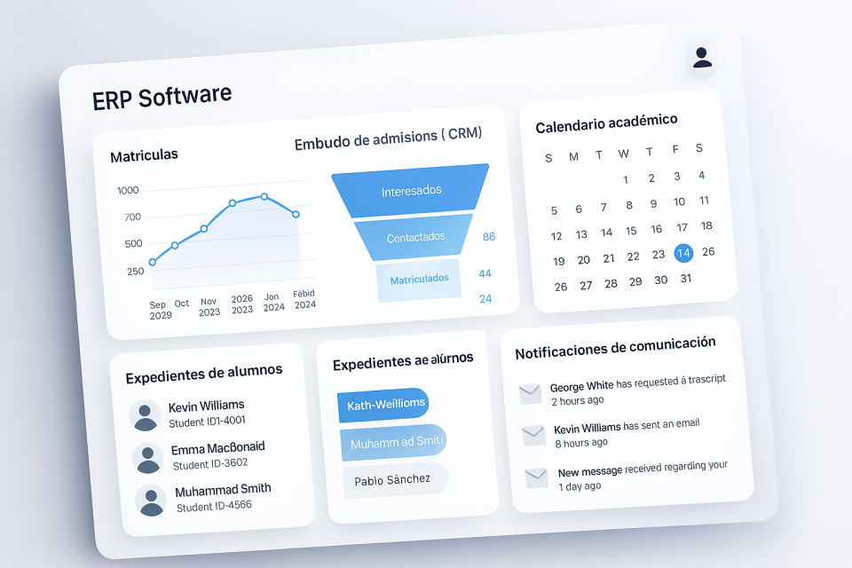 Dashboard conceptual de Alphatec Faculty mostrando la gestión académica integral: Admisiones, matrículas y el expediente del ciclo de vida del alumno.