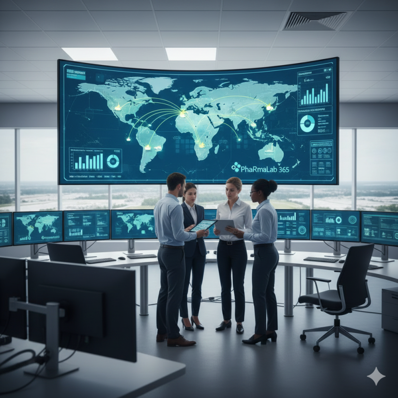 Equipo de logística farmacéutica gestionando la cadena de suministro global en una sala de control con pantallas que muestran rutas de envío y datos de PhaRmaLab 365.