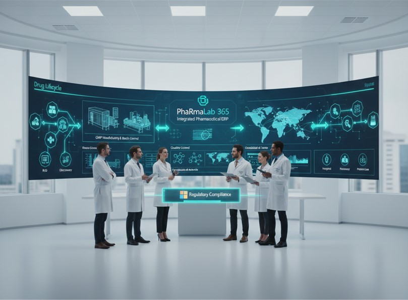 Científicos y profesionales farmacéuticos en un laboratorio moderno visualizando el ciclo de vida completo de un medicamento, desde I+D hasta distribución, gestionado por PhaRmaLab 365 con cumplimiento regulatorio.