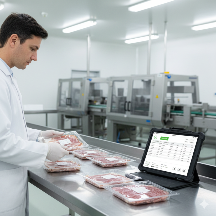 Experto en seguridad alimentaria revisando datos de trazabilidad y cumplimiento normativo en software ERP para fábrica de alimentos.